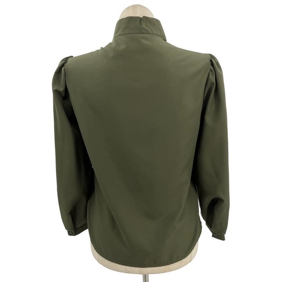 Vintage 80s Olive Green Button Up Blouse Long Sleeve Jabot Donnkenny Size M L - Picture 3 of 8